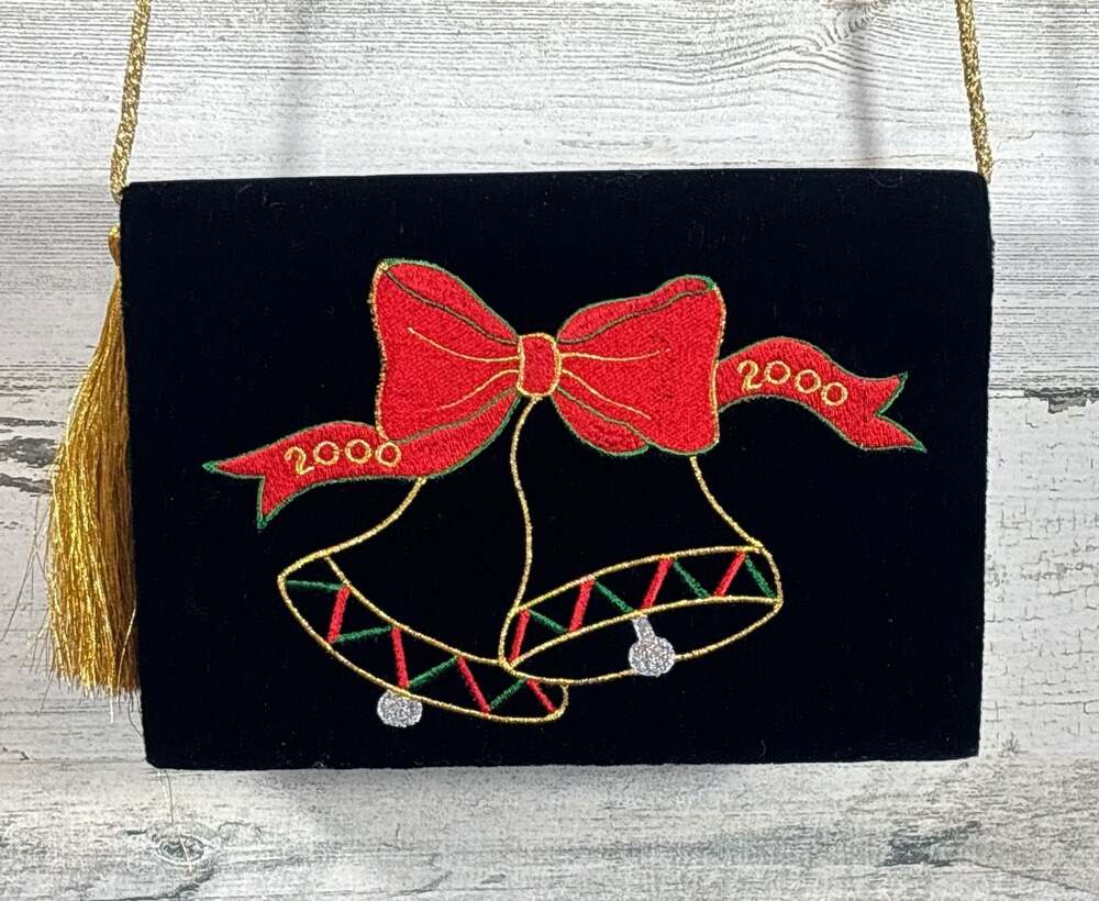 Vintage Black Velvet Christmas Clutch Shoulder Bag 2000 Embroidered Bells & Bow